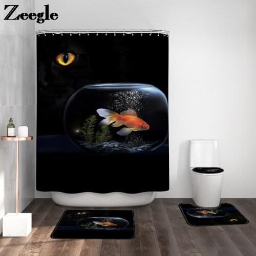 Black Non Slip Flannel Bath Mat Bathroom Carpet Rug Set Goldfish Pattern Shower Curtain Toilet Floor Mat Home Decor Shower Mat