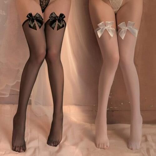 Sweet Bow Streetwear Womens Lovely Fishnet Bow Thigh High Silk Stockings Sexy Female Contrast Color Over-knee-socks Cosplay