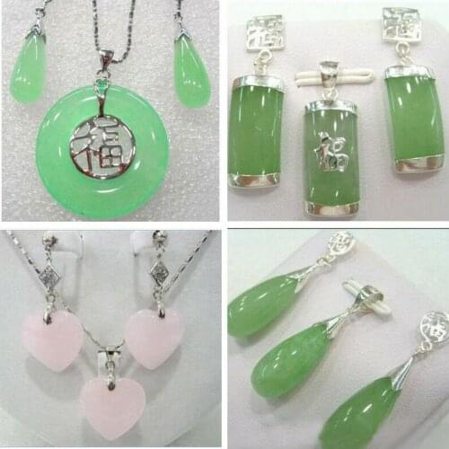 Ladies Jewelry Set Green Jade/Pink Jade Gmestone Necklace Earrings Set