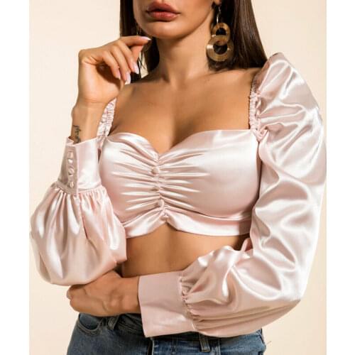 Hirigin Fashion Women Summer Sexy Ruffled Long Sleeve T-shirt Cropped Tops Tee Casual Stretch Puff Sleeve T-Shirts Top