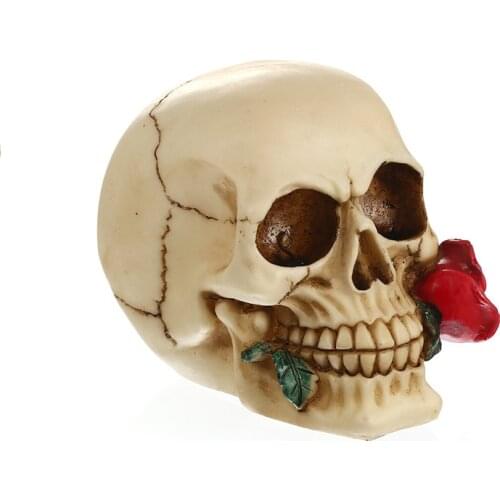 Moquerry Resin Skull Resin Biting Red Roses Human Skull Statue Sculpture For Home Decoration Valentines Day Halloween