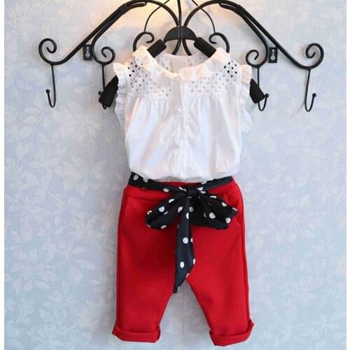 2019 New Summer Fashion Girls Clothes Lace White Blouses+ Red Pants Clothing Set Baby Girl Clothes Children Clothing