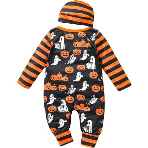 Infant Baby Boy Girl Clothes Sets Novelty Pumpkin Ghost Print Halloween Suits Long Sleeve Round Collar Rompers with Hat 0-24M