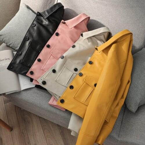 Turn-down Collar Button Down Short Outerwear 2021 Casual Stylish Loose Solid Color Womens PU Leather Jacket With Pockets пальто