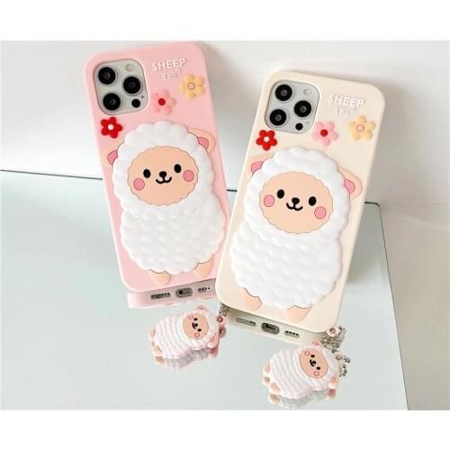 Cute Smile Sheep Cartoon Case for iPhone 12 11 Pro Max XR XS X 8 7 6 Plus SE2 3D Soft Silicone Phone Cover Pendant