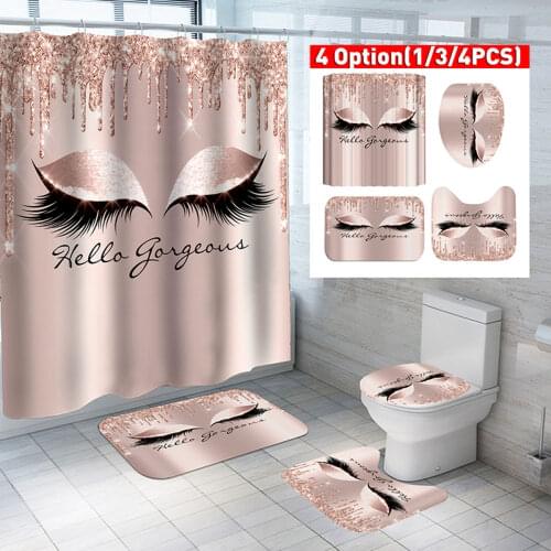 Shower Curtain Set Rose Gold Eyelash Makeup Waterproof Bathroom Curtains Non-slip Toilet Seat Cover Bath Mat Set Bath Room Rugs