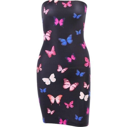 New Ladies Fashion Butterfly Print Slim Short Skirt Summer Women Colorful Butterfly Printing Sexy Strapless Dress Mini Skirt