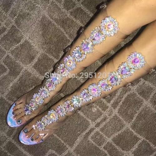 Sexy PVC Transparent Gladiator Sandal Boot Woman Open Toe T-strap Rhinestone Diamond Clear High Heel Shoes Women Purple Boots