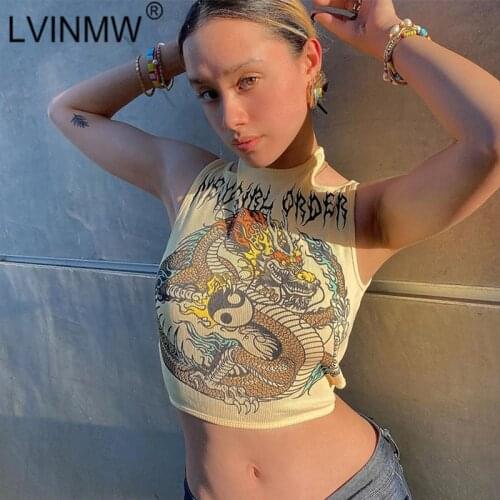 LVINMW Dragon Print Lace Up Halter Slim Vintage Crop Top Ribbed Casual Chinese Style Sleeveless Tank Fashion Tai Chi Tops Women