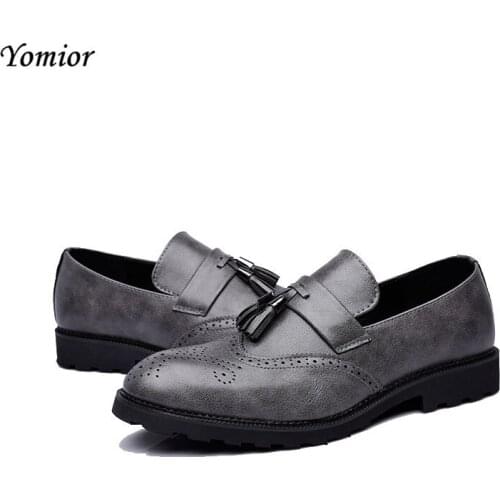 Yomior High Quality Men Party Wedding Leather Shoes Fashion Tassel Formal Work Business Office Brogue Shoes Black Sexy Big Size