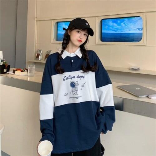 Women Hoodies Casual Astronaut Print Korea Loose Polo collar Sweatshirt Long Sleeve Fleece Top Autumn Winter Female Pullover