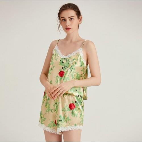 Green Print Women Pajamas Set Sexy Strap Top&Shorts Pyjamas Rayon Sleep Suit Sleepwear Nightwear Summer 2PCS Lace Home Wear