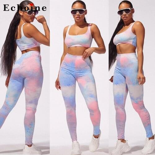 Womens High Waist Hip Sports Casual Suit Tie-Dye Printed Two Piece Set Female Jogging Sweatpants Matching Set Fitness Tracksuit