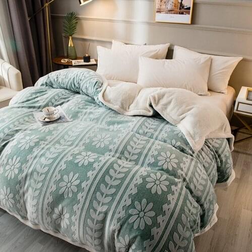 Green Flowers Winter Flannel Quilt Cover 1pcs Soft Worm Coral Fleece Comforter Cover Thickening Warm Duvet Bedding Cover