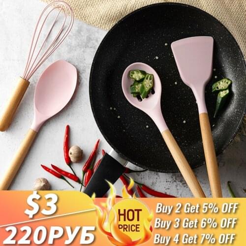 1PCS Silicone Utensils With Wooden Multifunction Handle Non-Stick Spatula Ladle Egg Beaters Shovel Cooking Kitchenware