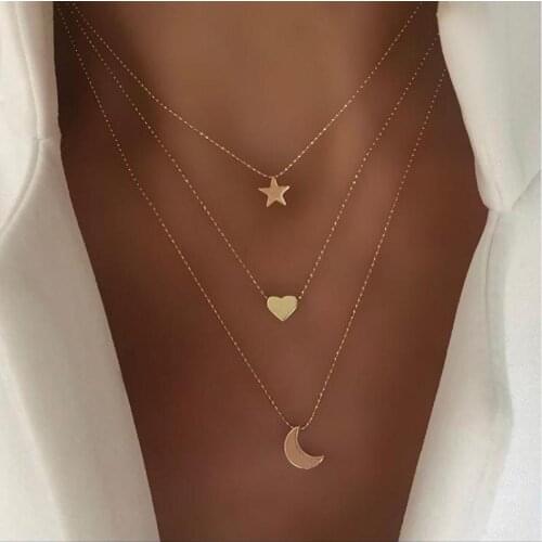 2021 Fashion Simple Star Moon Love Pendant Necklace Female Charm Gold Multilayer Chain Combination Necklace Charm Female Small G