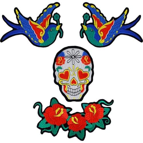 5set Skull Head Embroidery Patches Birds Flower Motif Applique Motorcycle Racing Badges Scrapbooking Sewing Accessories TH997