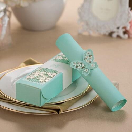 50 pieces/lot) Laser Cut Flower Teal Box Packing Wedding Invitation Card Customize Print Anniversary Scroll Invitations XQ1605