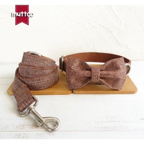 MUTTCO bow tie adjustable high quality dog accessory THE BROWN SUIT pet collar and leash set with bowknot 5 sizes UDC039