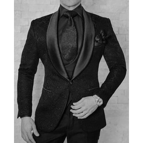 One Button Black Paisley Groom Tuxedos Shawl Lapel Groomsmen Best Man Suits Mens Wedding Suits(Jacket+Pants+Vest+Tie)