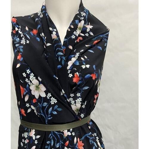 Floral printing black pure silk crepe de chine fabric 140cm width for dress,SCDC1335