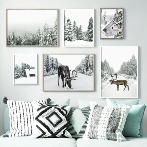 Snow Pine Forest Big Horn Deer Landscape Wall Art Canvas Painting Nordic Posters And Prints Wall Pictures For Living Room Decor