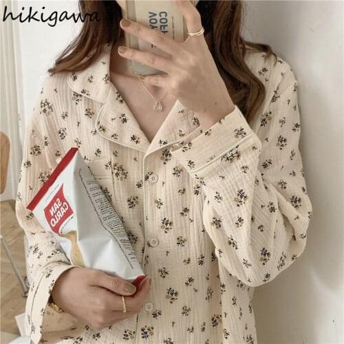 Hikigawa Korean Floral Pajamas Women Spring Autumn Long-sleeved Trousers Cardigan Home Service Two-piece Suit Casual Sleepwear