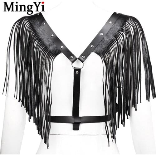 Leather Long Tassel Body Belt Crop Top Women Fetish Tassel Harness Straps BDSM Bondage Erotic Cage Lingerie Nightclub Party Wear