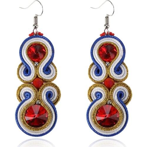 KpacoTa Ethnic handmade weaving drop Earrings Soutache Jewelry for women blue white crystal exaggerated large Earring Moms gift
