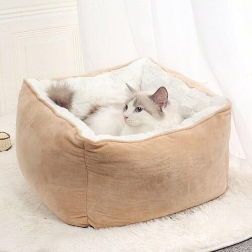 Soft Cat Bed House Plush Square Dog House Winter Warm Deep Sleep Kennel Puppy Cushion Mats for Small Dogs Cats Pet Supplies