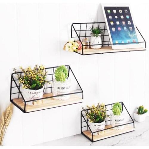 Grid Wall Shelf Wall Mounted Hanging Shelf Storage Holder Rack Wooden Iron Bedroom Wall Art Shelve 2