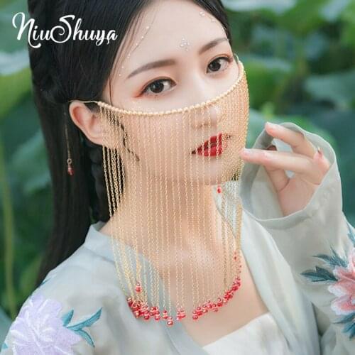 NiuShuya New Design Women Face Chains Long tassel Head Chains Face Jewelry Harness Chains Head Jewelry Halloween gift