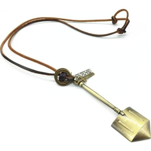 New Long Punk Vintage Men Women Brown Genuine Leather Bronze Hoops Cross Shovel Pendant Necklace Male Wholesale Jewelry