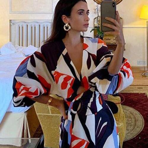 Summer Womens Dress Printed Collect Waist A-Line Long Sleeves Dress Elegant V Neck Bohemian Style Dress Plus Size For Hoilday
