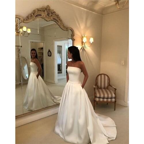 Simple Boho A-line Wedding Dresses Strapless Satin Draped Bridal Dress Bow Sashes Vestidos De Noiva Bride Dresses Cheapest