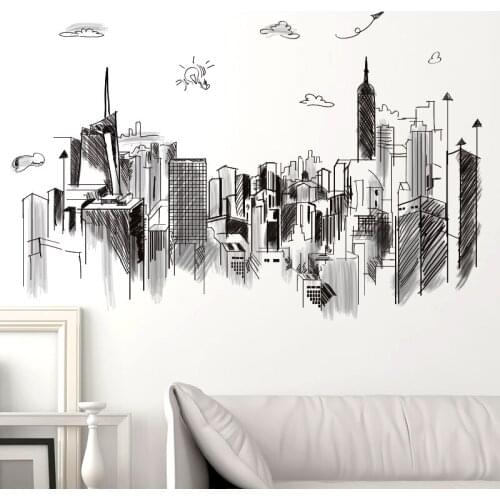 [shijuekongjian] Black Buildings Wall Stickers DIY Architecture Wall Decals for Living Room Bedroom Office House Decoration