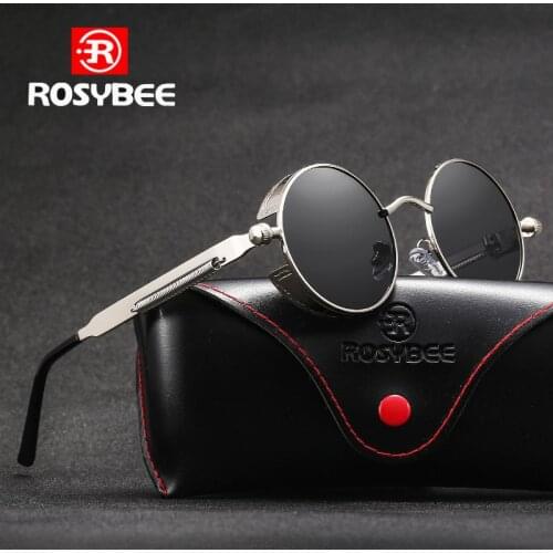 ROSYBEE Brand Name Round Polarized Metal Sunglasses Steampunk Men Women Fashion Glasses Designer Retro Vintage UV400 oculos
