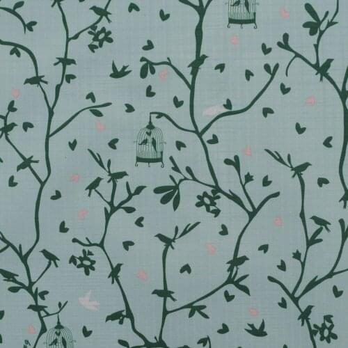 1 yard Polyester/PVC coated Waterproof Fabric for bag, handmaking, Branches,birds on Blue Backghround (width=140cm)