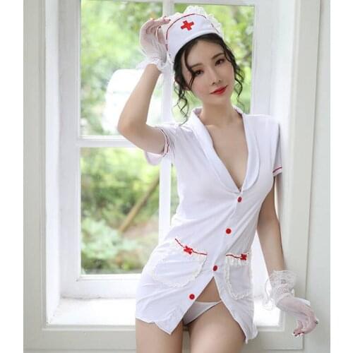 Sexy Lingerie Uniform Temptation Nurse Costume Cosplay Lapel Open Collar Low-Cut Lace Trim Buttoned Gloves Slit Bag Hip Skirt