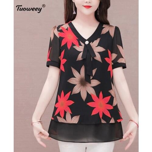 Female Flower Print Fashion Loose 2021 New Summer Middle Aaged Women Korean Chiffon O-Neck Blouse Tops Plus Size 5xl Shirt