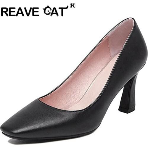 REAVE CAT New 2021 Women Pumps Square Toe 7.5cm Block Heels Slip-On Classic Elegant Big Size 48 Casual Office Black A3790