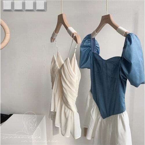 Korean Sexy Sweet Suspender Tops For Women Summer Chic New Irregular Ruffle Pleated Design V-Neck Solid Color Ladies Cropped Top
