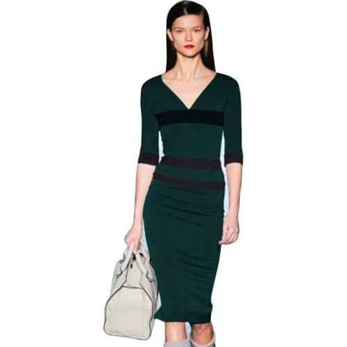 Vestidos Free Shippine New Fashion Womens V- neck Career Contrast Patchwork Stripe Zipper Pencil Dresses UK6-20