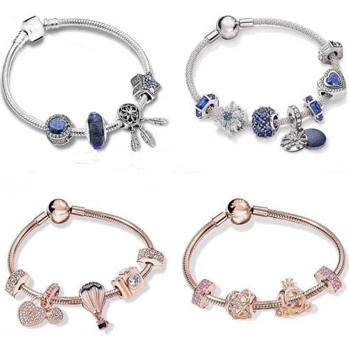 100% 925 Sterling Silver Catch The Shadow Blue Snowflake Beaded Bracelet For Christmas gift Wedding Party Gift Jewelry