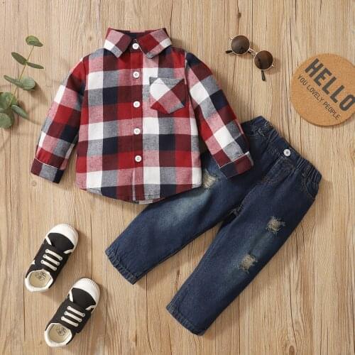 PatPat 2-piece Toddler Boy Button Design Long-sleeve Plaid Shirt and Ripped Denim Jeans Set
