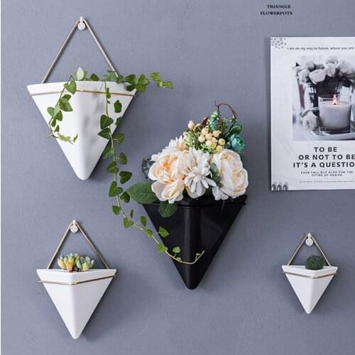 3pcs/Set Triangle Flower Pot Iron Frame Nails Ceramic Flower Pot Macrame Plant Hanging Baskets Hanger For Wall Decoration