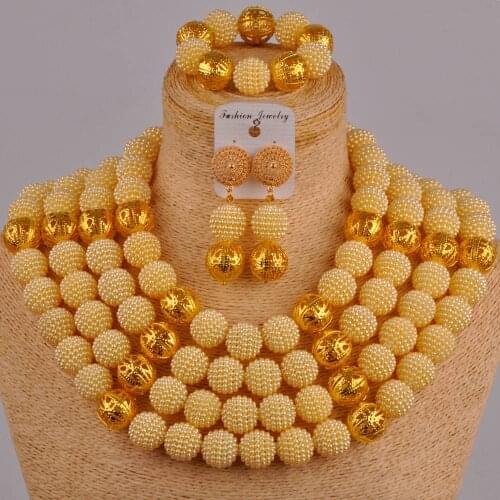 Big gold jewelry set biege necklace african set simulated pearl nigerian beads wedding african jewelry set FZZ64