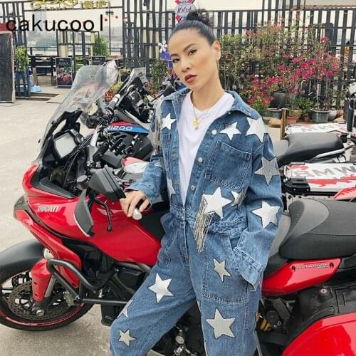Cakucool Sexy Denim Jumpsuit Women Romper Long Sleeve Spring Autumn Stars Sequins Jeans Jumpsuit Female 2019 Streetwear Overall