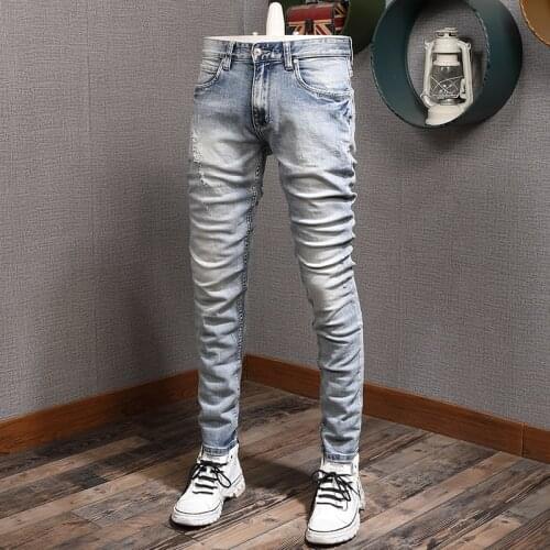 European Vintage Fashion Men Jeans Retro Light Blue Elastic Slim Ripped Jeans Men Embroidery Designer Korean Casual Denim Pants