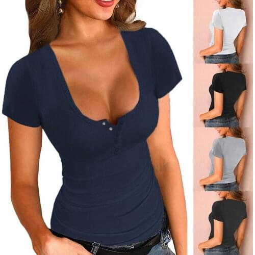 Women Sexy T-shirt Summer Short Sleeve U Neck Tees Solid Color Low Cut Buttons Slim Casual Cotton Blend Soft Daily Life Tops